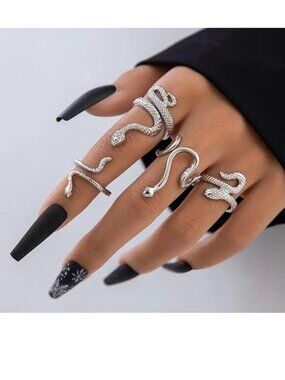 Snake Finger Rings Stackable 4pc Silver Edgy Serpent Statement Trendy Stylish